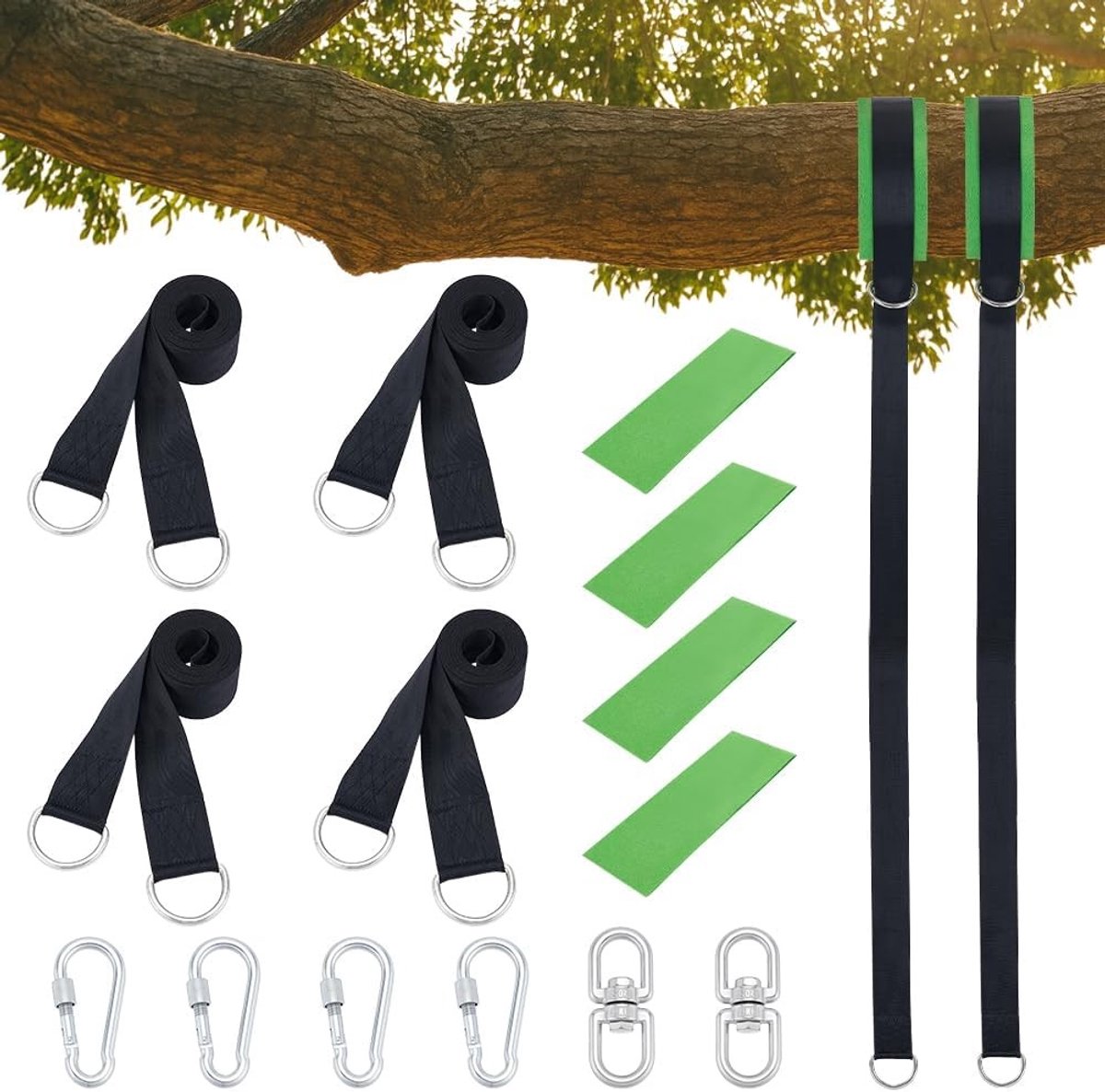 Set van 2 boomschommels met ophangset, 300 cm lange riemen, karabijnhaken en stevige hangmatten voor buitengebruik, ideaal voor tuin en speelplaats