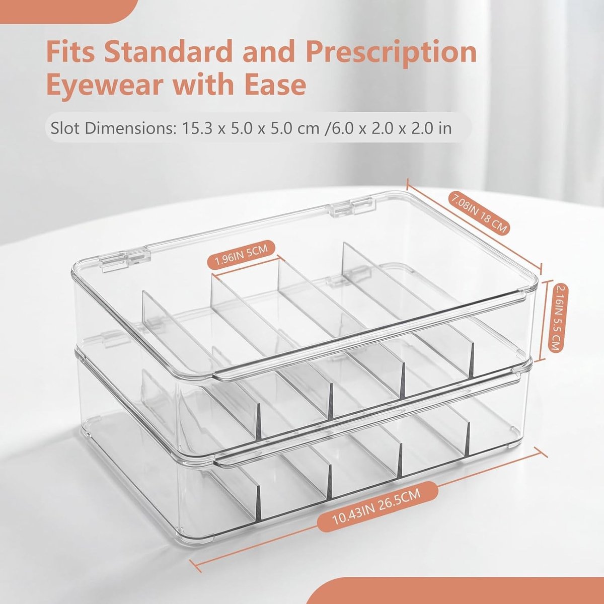 Set van 2 stapelbare opbergdozen voor brillen met scharnierend deksel, transparant en multifunctioneel voor zonnebrillen en leesbrillen