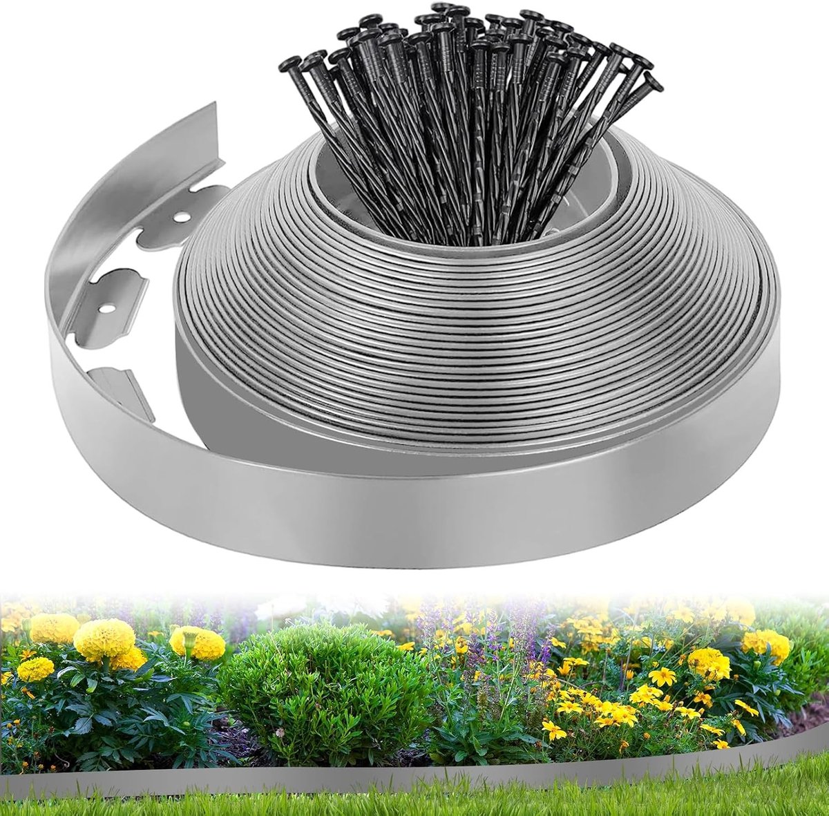 Flexibele gazonranden - Tuinafbakening randen - Tuinieren bloemen paden - Inclusief 50 haringen - 10 meter lang - Grijs