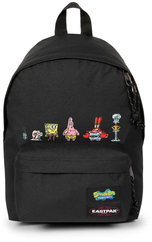 Zwarte Eastpak rugzak met een print van Spongebob Squarepants en zijn vrienden. De tas heeft een EASTPAK logo.