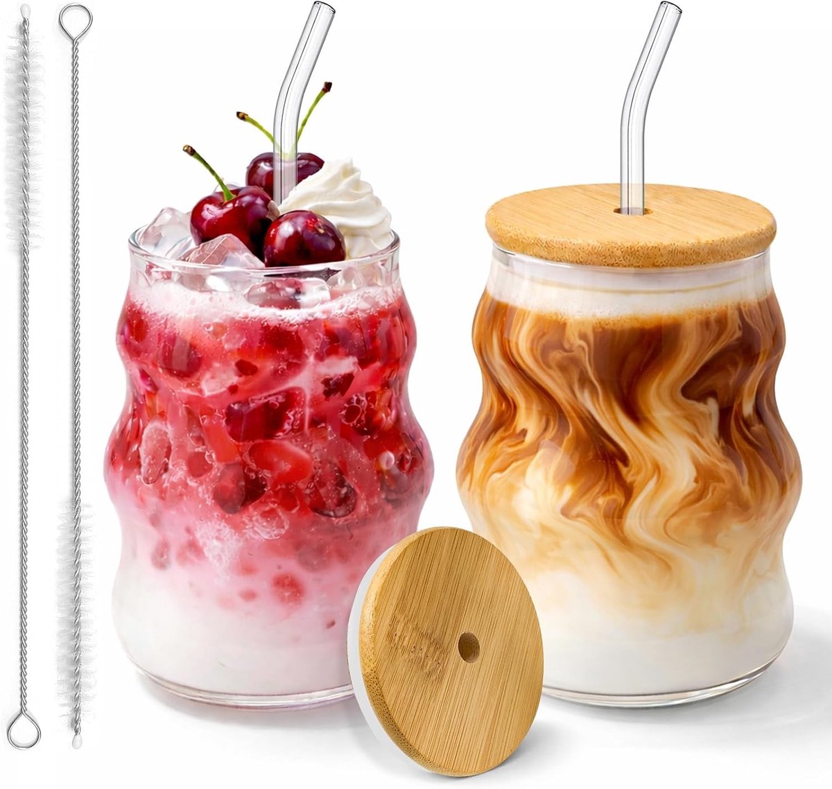 Ijskoffie glazen - Transparant - 530 ml - Bolvormige glazen met houten deksel, rietje en reinigingsborstels - Voor koude dranken