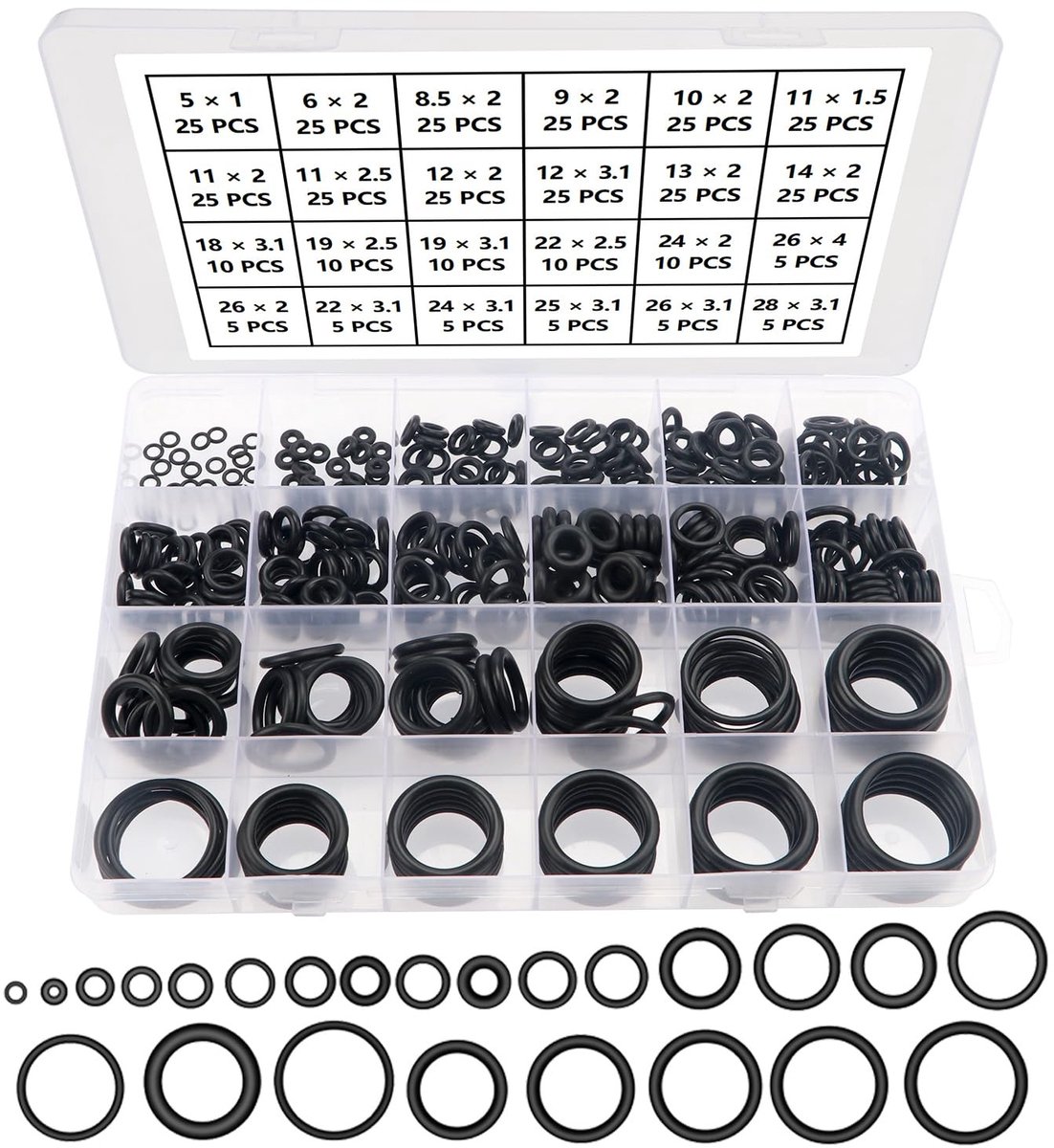 385 Stukjes O-Ringen Assortiment in 24 Maten, Nitril Rubber voor Tapwater, Sanitair en Auto Reparatie