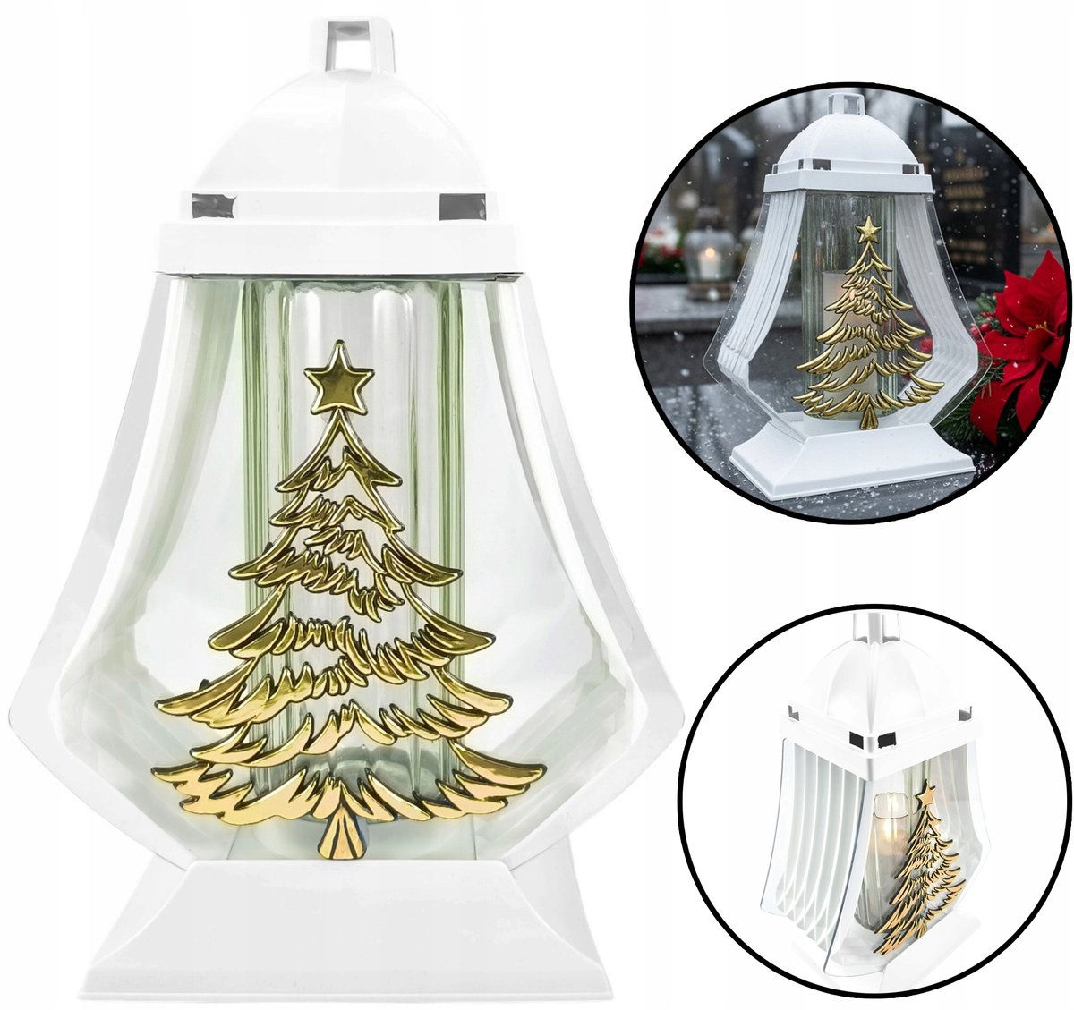 Grote Kerst Znicz met Gouden Kerstboom - Witte Lampion 34cm