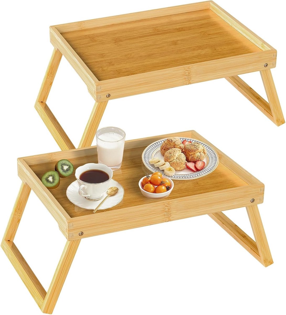 Bedtafeltje voor op bed - Beige - 47 x 28 x 20,5 cm - Bamboe met Inklapbare Poten - Multifunctioneel Ontbijt- en Werkblad