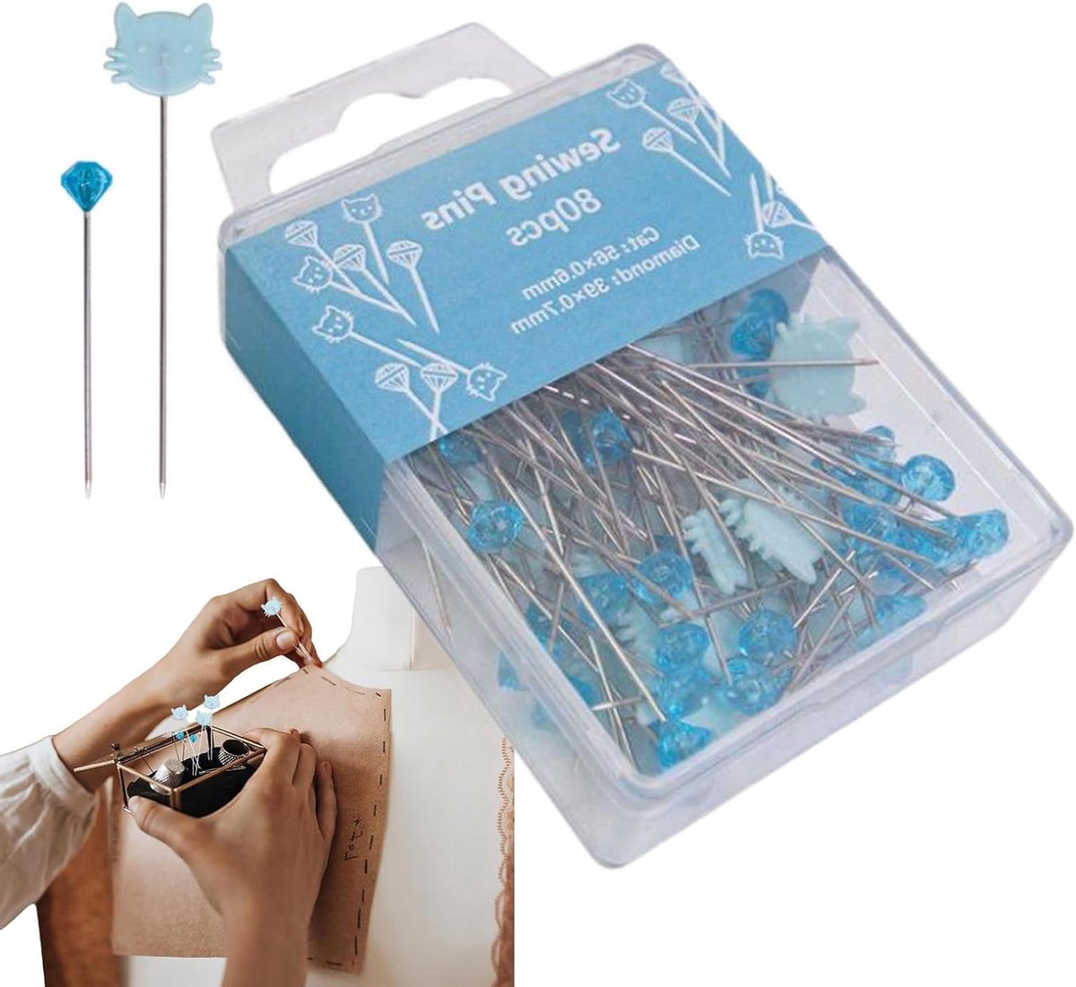 Naaispelden 80 stuks - Positioneringsspelden Borduurspelden - Creatief Handwerk - Kop Design - 40x Kat 40x Steen - Blauw