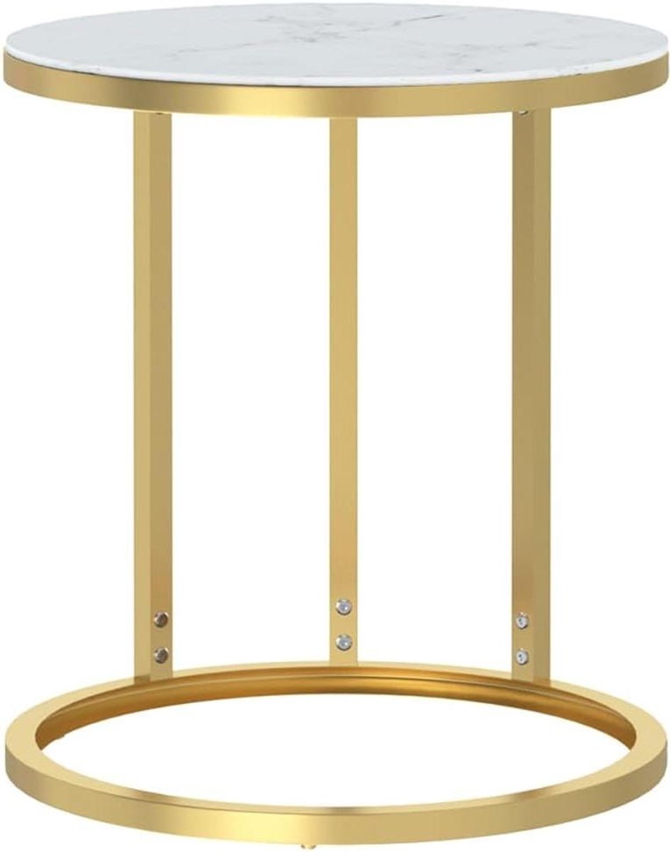 Gouden bijzettafel - Glazen tafel - Woonkamer decoratie - Marmerlook blad - 45 x 58 cm - Goud en wit