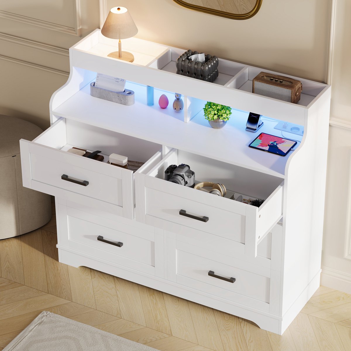 Ladekast met 6 Lades - Met RGB LED-Verlichting en Oplaadstation - Commode - 110x40x99 cm - Modern Design voor Slaapkamer Woonkamer