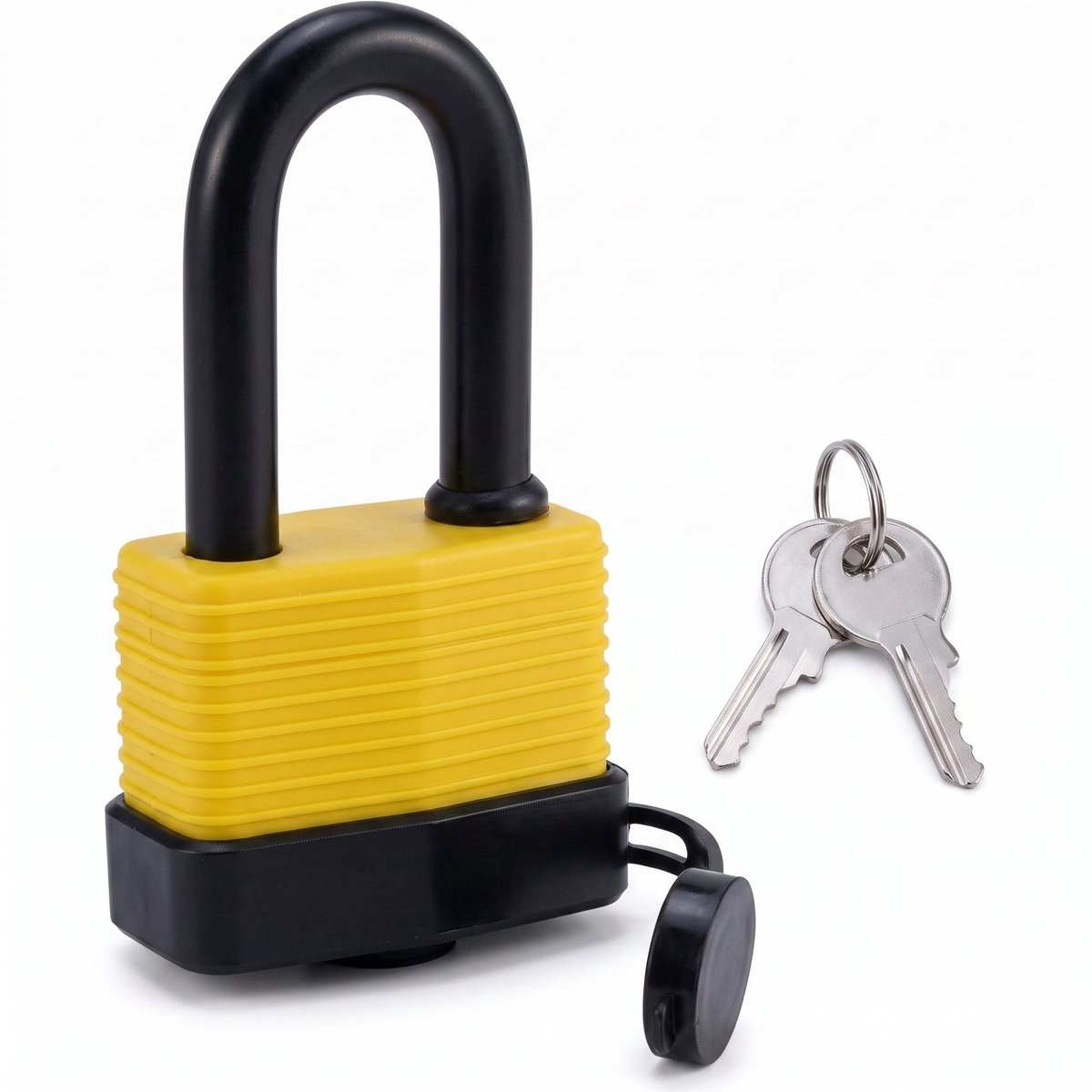 Cheqo® Hangslot met Sleutel - Weerbestendig Hangslot - Waterdicht Veiligheidsslot - Beugelslot met Lange Beugel - Hangsloten voor Buiten - Slot voor Schuur - Tuinpoort - Hek - Kluisje en Gereedschapskist - Zwart/Geel - Padlock - Hangslotje