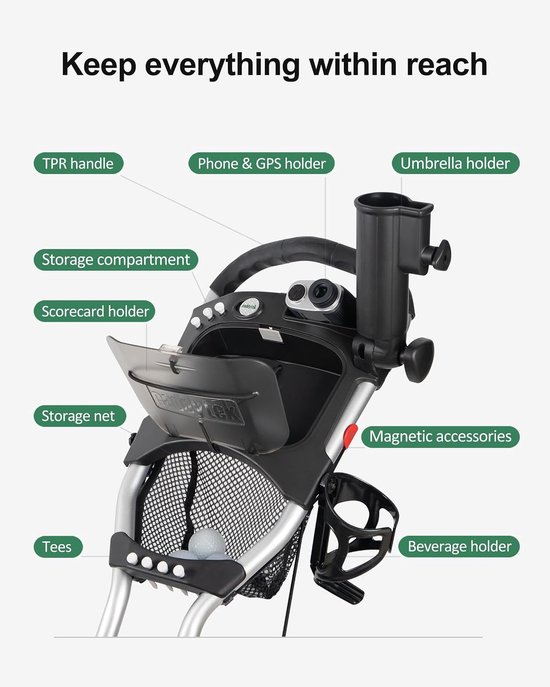 Golfkar met 3 Wielen - Golftrolley Opvouwbaar - Golfen Clubs Vervoeren - Eenvoudig Inklapbaar — afbeelding 3