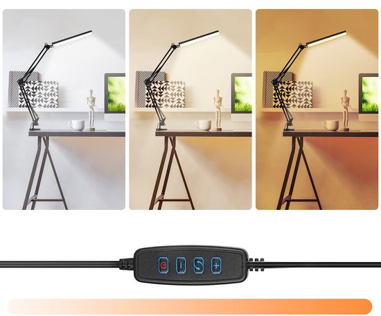 LED-bureaulamp - Met clip - Dimbaar - Leeslamp - 3 lichtkleuren - 10 helderheidsniveaus - Geschikt voor bureaus, slaapkamers en werkplekken - 10W - 5V/2A directe stekker - Zwart — afbeelding 3