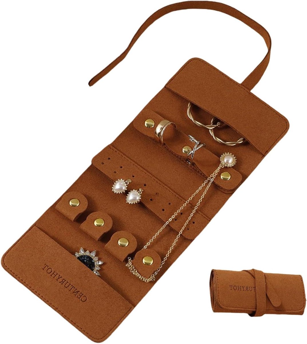 Sieradenopbergrol - Sieradenorganizer rol - Reisopslag sieraden - Ruimtebesparend ontwerp - 24 x 10 cm - Bruin