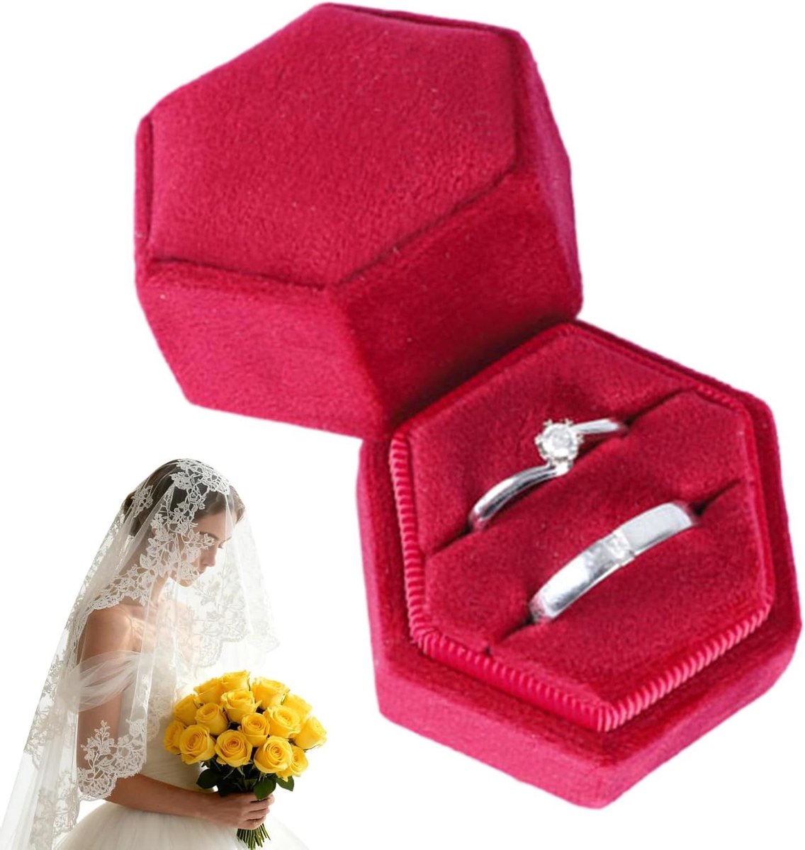 Trouwring Doosje - Ringetui Houder - Ringen Presenteren - Geometrische Vorm - 5.3 x 5.5 x 5.3 cm - Rood