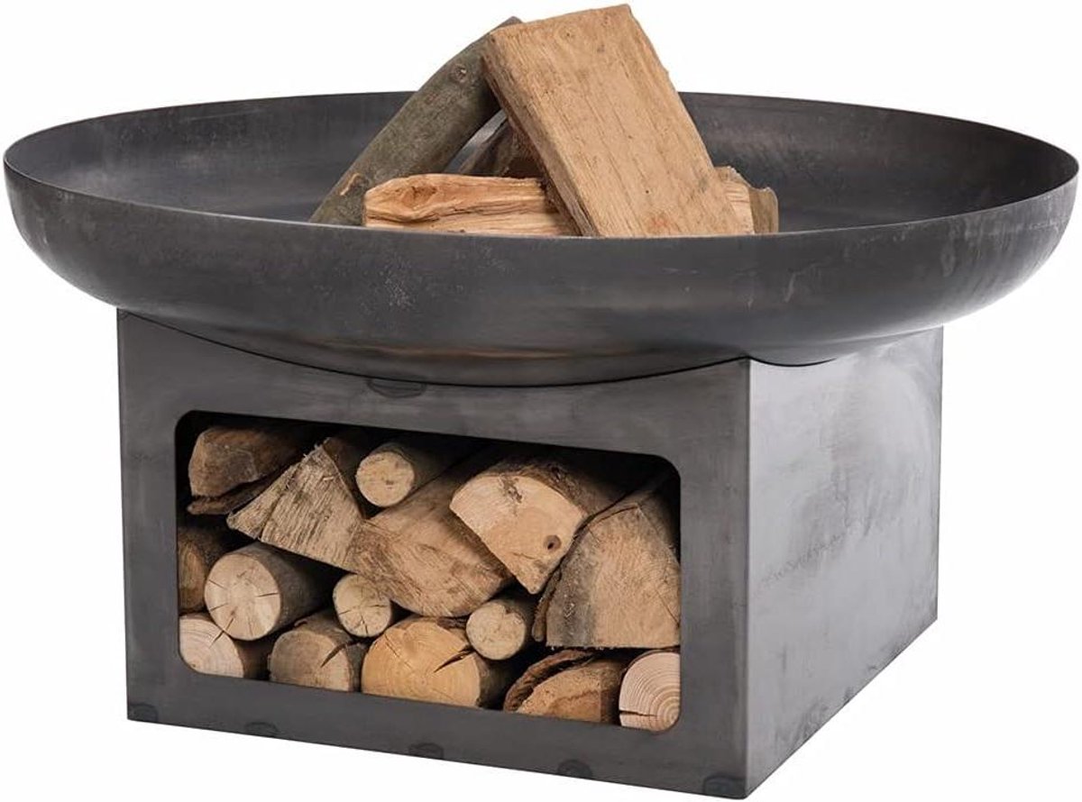 Vuurkorf Metaal - Buitenhaard Rond - Terras Verwarmen - Met Houtopslag - 80 cm - Zwart