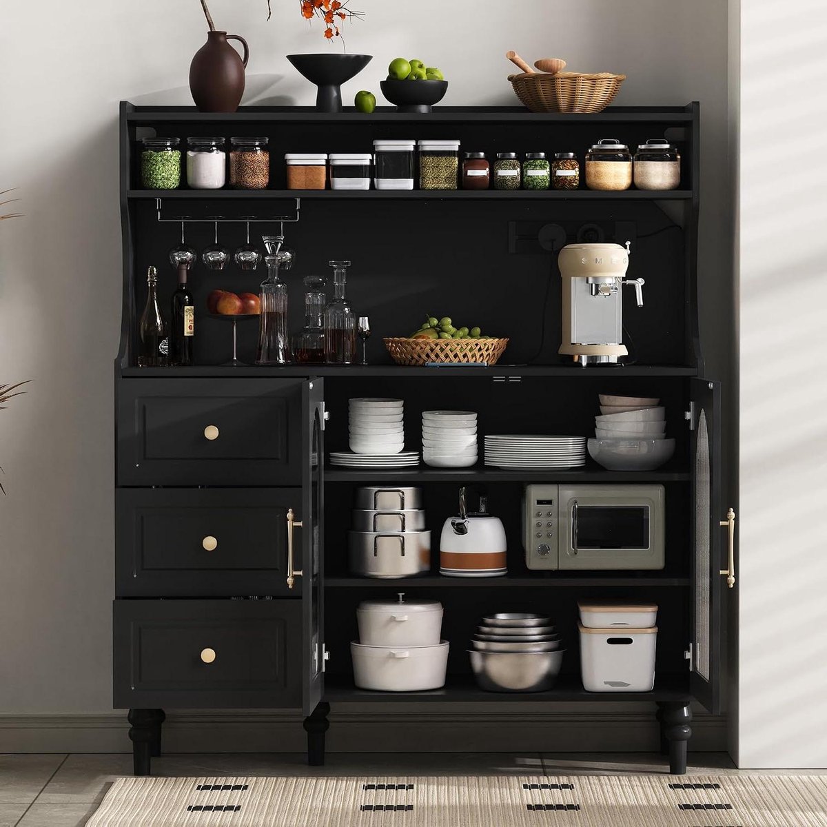 Hoge Keuken Kast - Buffetkast Keuken - Keuken Organiseren - Met Stopcontacten - 120x40x138.5cm - Zwart
