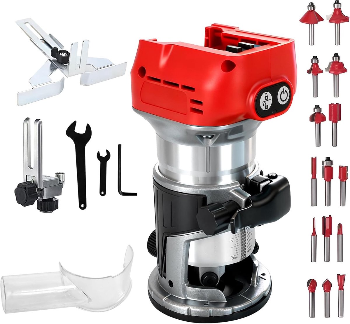 Draadloze Houtfrezer 800W 30000RPM met 6 Snelheden voor Houtbewerking, Frezen en Trimwerk inclusief 15 Stuks 0.5cm Freesbits (Zonder Accu)