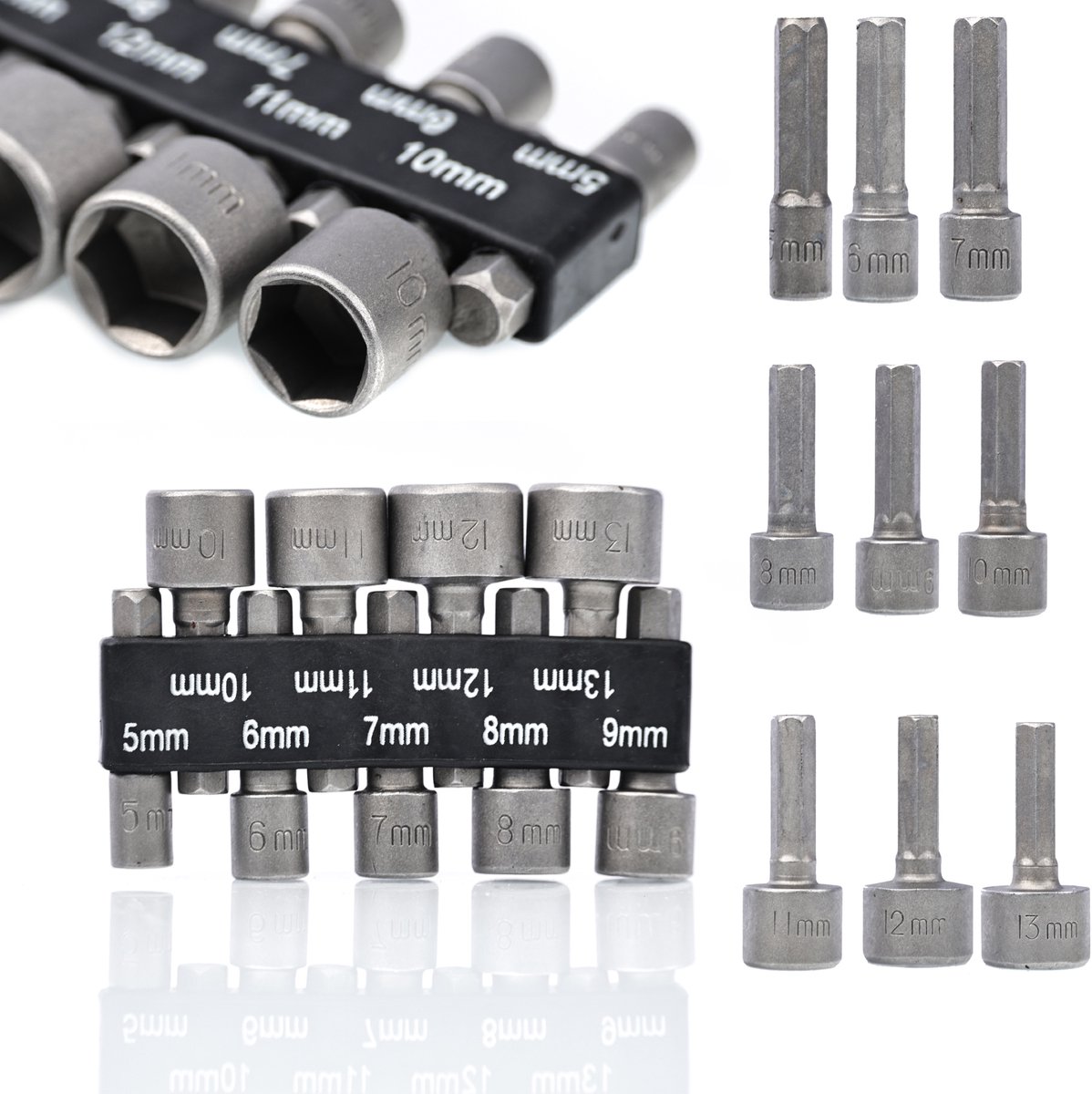 Rosfix Dopsleutelset 1/4"" Aansluiting - 9-Delig, 5–13 mm - Rvs, 2,2 cm Schacht - Voor Boormachine