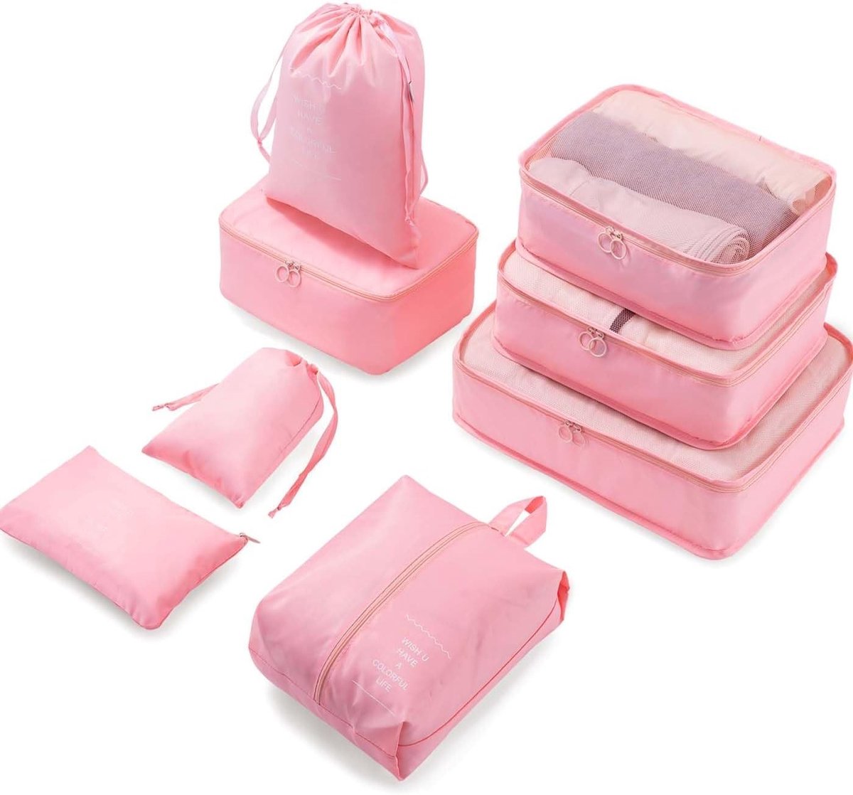 8-delige Inpak Cubes Set voor Koffers, Organisator voor Vakantie en Reizen, Ideaal voor Kamperen en Zomeruitjes, Roze