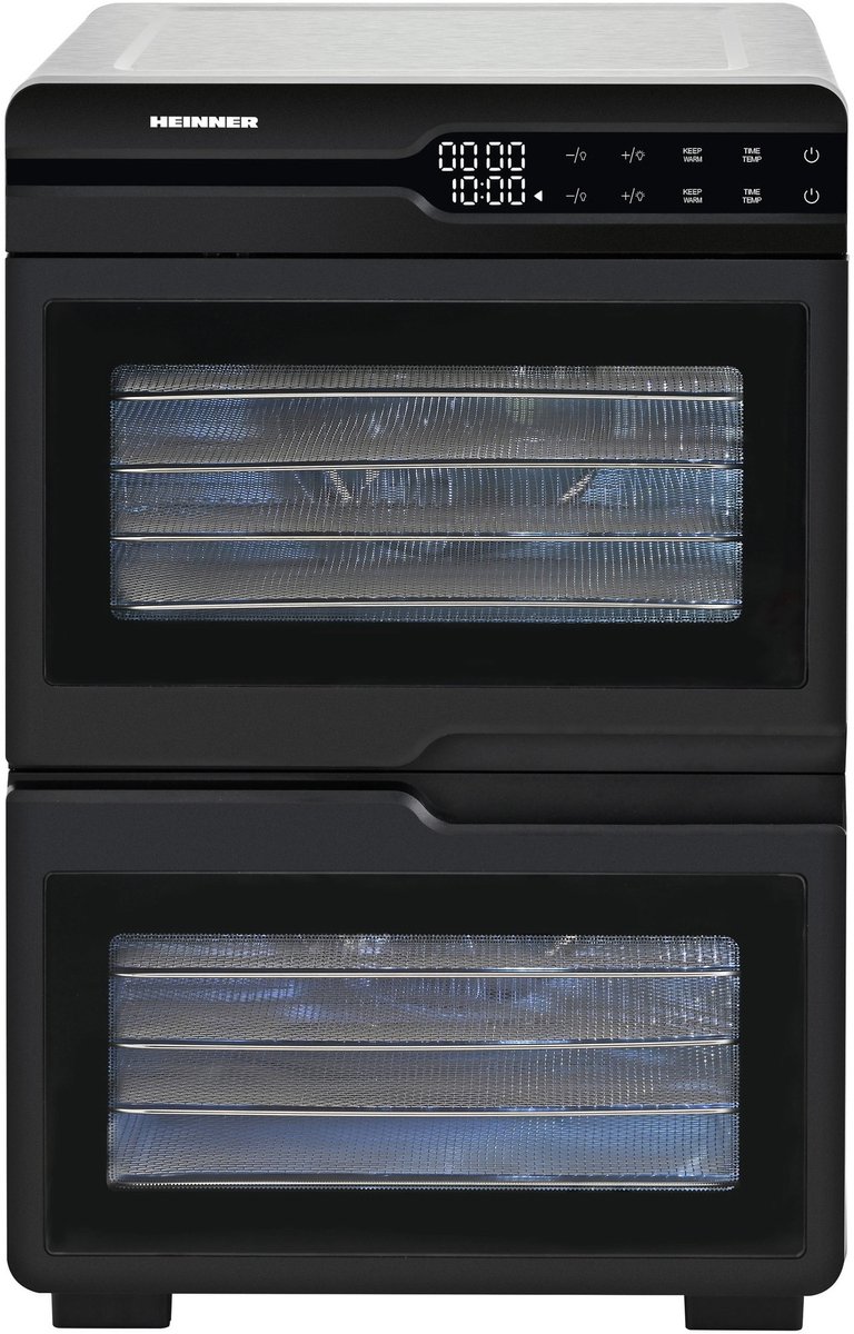 Heinner HFD-KDDB1200BKSS Voedseldroger – 1000–1200W – 12 Inox Trays – Dubbele Compartimentering – Dual Airflow – LED-display – Touchbediening – Timer 48u – Temperatuur 35–80°C – Zwart/Inox
