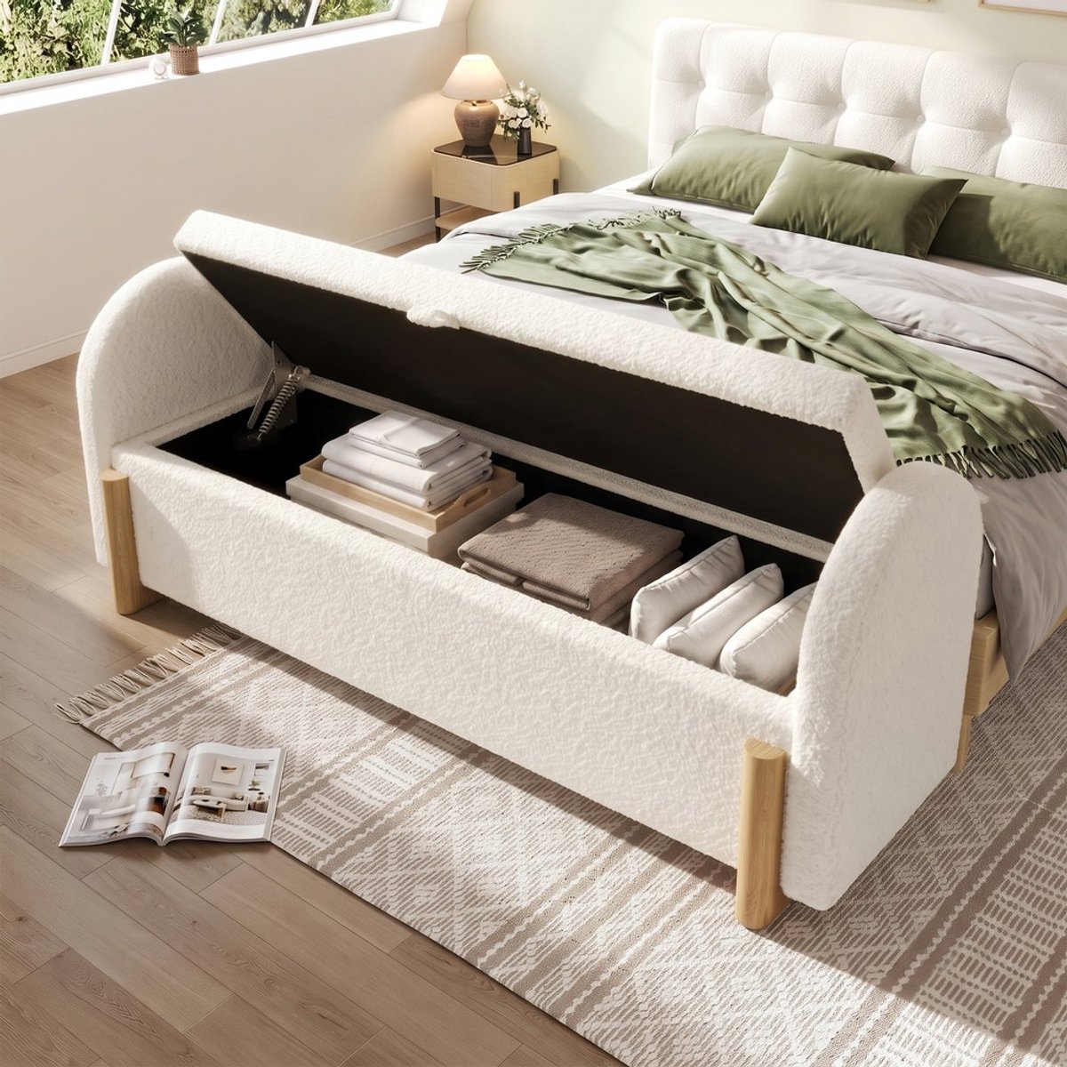 Pugsdrly Bedbank met hydraulische opbergruimte 106 cm wit – gestoffeerde bank met chenille bouclé-stof, opbergbank met gasveersysteem & soft-close, U-vormige houten poten, draagvermogen 150 kg, 106x47x61 cm