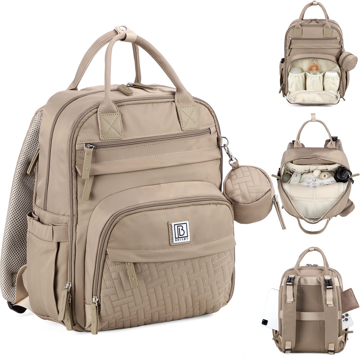 Brisby Premium Luiertas – Uitgebreide en Functionele Verzorgingstas – met buggymontage – Anti Diefstal Vakken - Reistrolley Sleeve - Inclusief verschoonmatje t.w.v.15,99 euro en speenhouder - Levenslange Garantie - Natural Greige