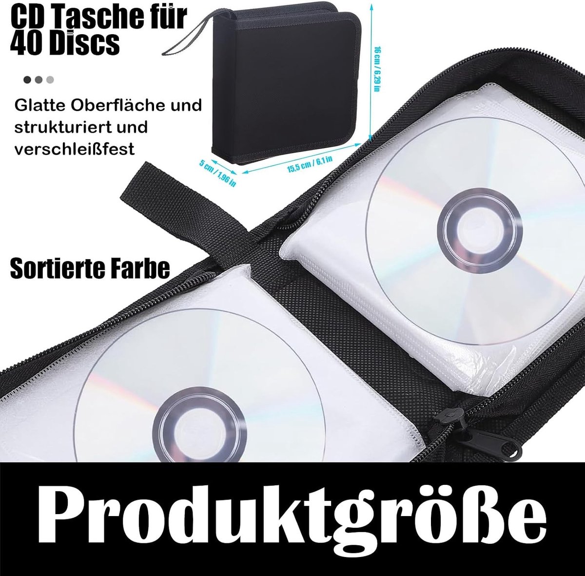 Opbergzak voor 40 CD's en DVD's met rits, ruimtebesparend voor auto en huis, zwart en duurzaam ontwerp