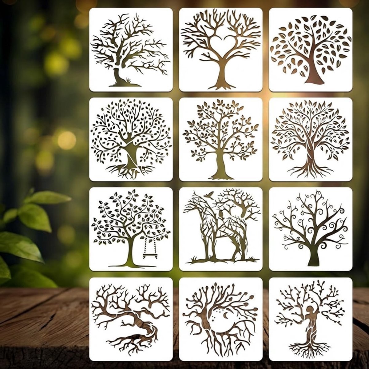 Set van 12 Herbruikbare Boom Sjablonen voor Schilderen, Creatieve Decoraties en Wanddecoratie, Perfect voor Kinderen en Kunstprojecten