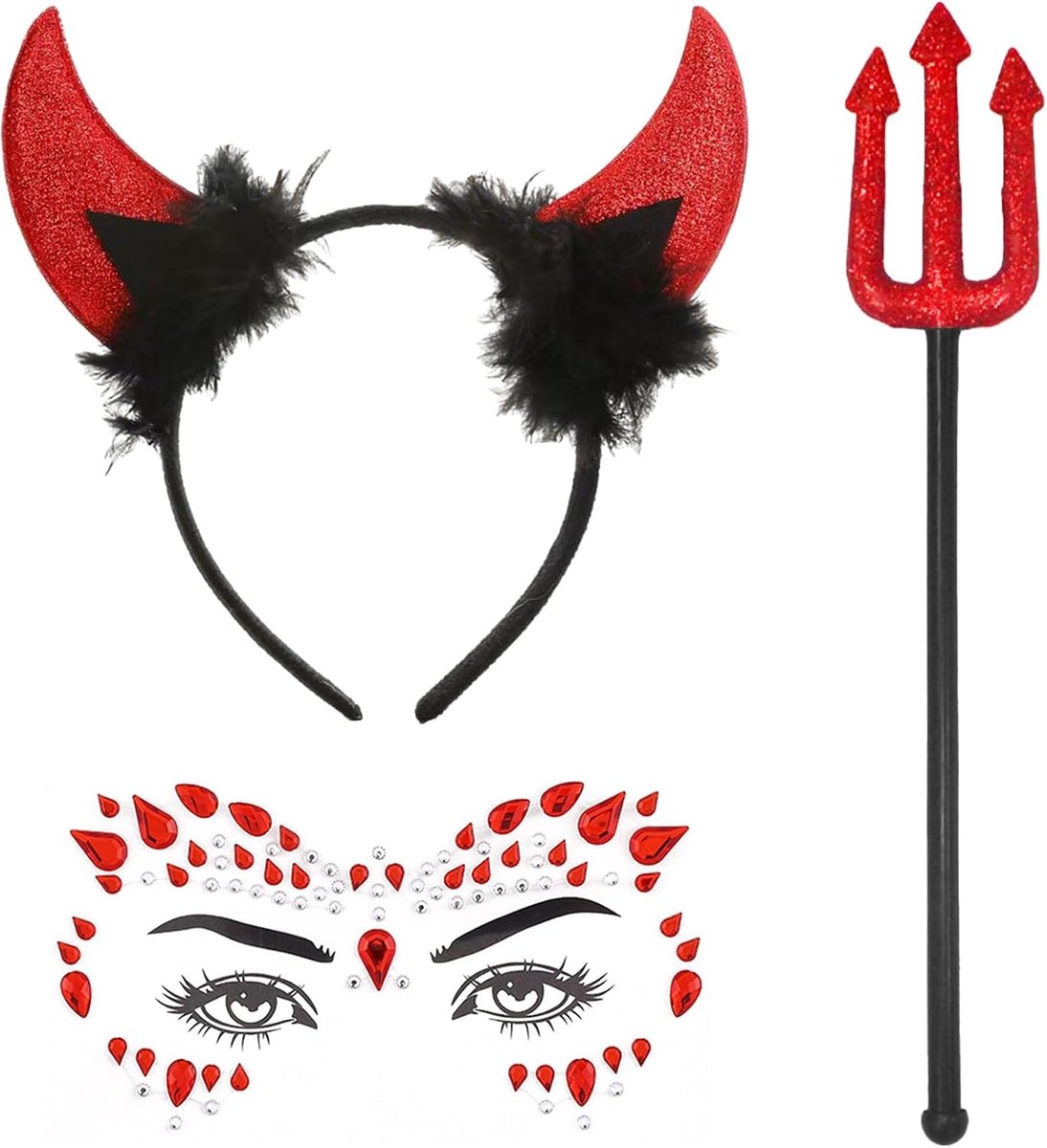 Demonisch Kostuum voor Vrouwen met Hoorns, Trident en Tatoeages voor Halloween en Carnaval - Perfect voor Cosplay en Feestaccessoires