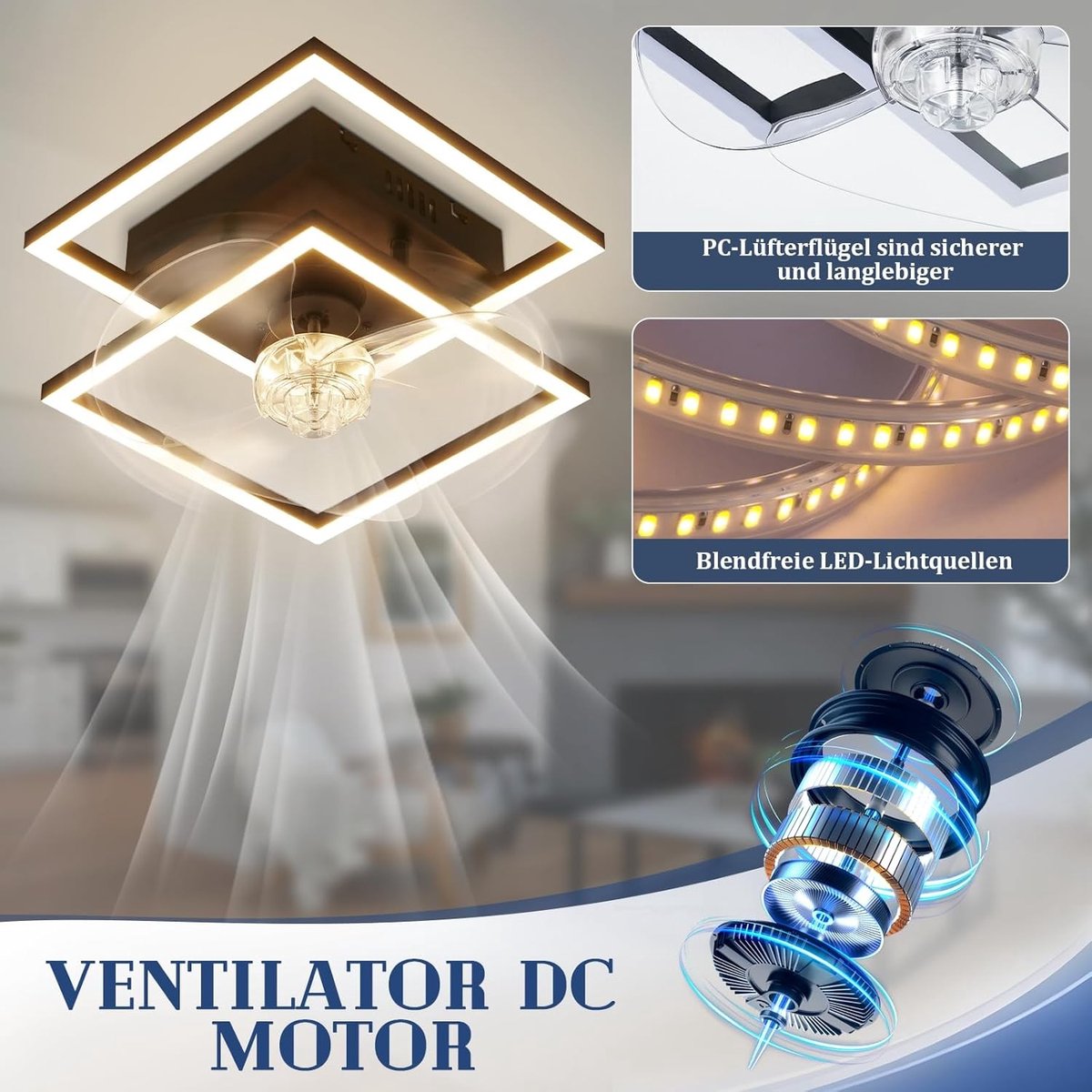 Plafondventilator met verlichting - Zwart - 34 x 34 x 15 cm - Met LED en Afstandsbediening - Voor Slaapkamer en Woonkamer