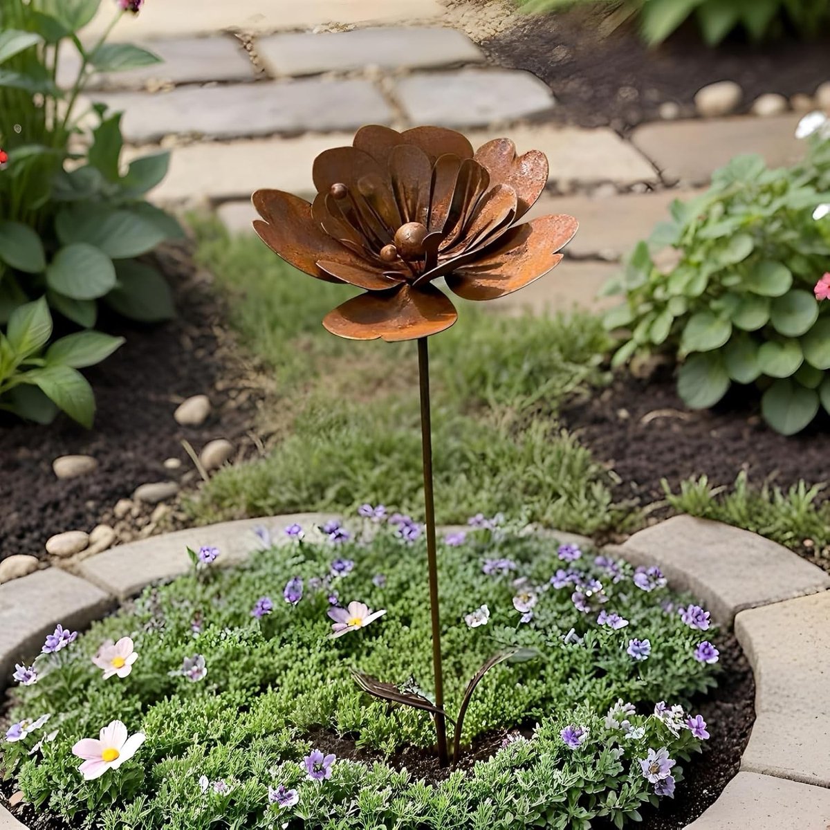Decoratieve Tuinpaal - Bloemvorm Paal - Tuin Decoratie - Rustieke Roestafwerking - 66 x 6 cm - Roestbruin