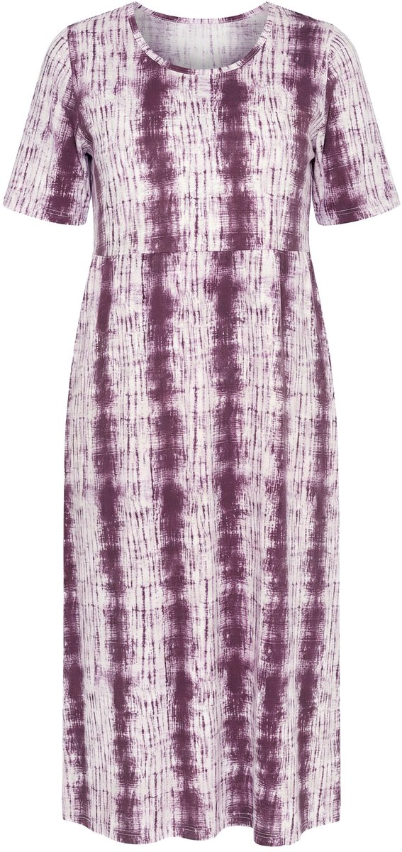 Ulla Popken Dames - Midi-jurk tie-dye strepen A-lijn ronde hals korte mouw - Nougat bruin - Maat 54+