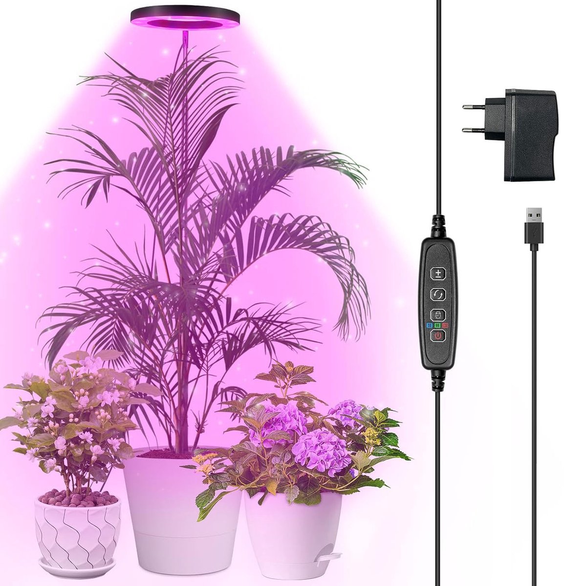 Rosnek LED Kweeklamp - Full Spectrum Groeilamp voor Planten - 160 leds Dimbare Ringlamp met Timer 3/9/12 uur - In Hoogte Verstelbare Plantenlamp voor Kamerplanten - 12 W - USB met EU-adapter - Zwart