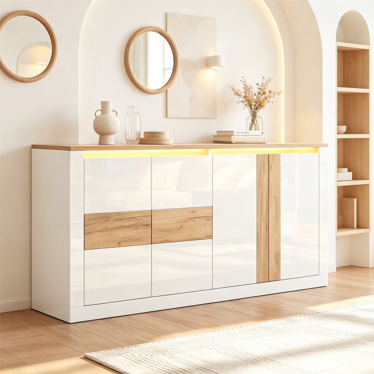 Pugsdrly Sideboard 140x35x70 cm van MDF met 4 deuren & RGB-ledverlichting, hoogglans wit eikenlook, met verstelbare legplanken, app- en spraakbediening, kast voor de woonkamer en eetkamer