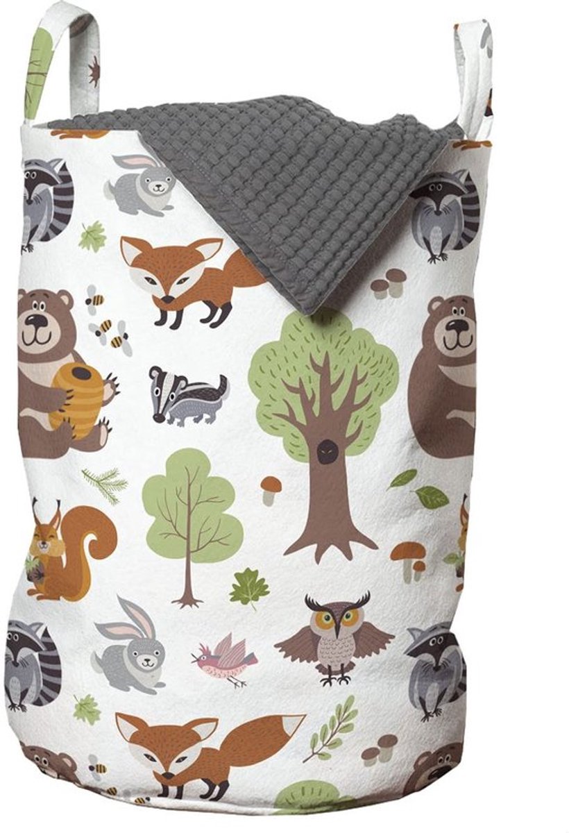 Waszak Duurzaam - Wasmand met Handgrepen - Koordsluiting - 33 cm Breed - 49 cm Hoog - Bedrukte Mand met Bosdieren - Opbergmand
