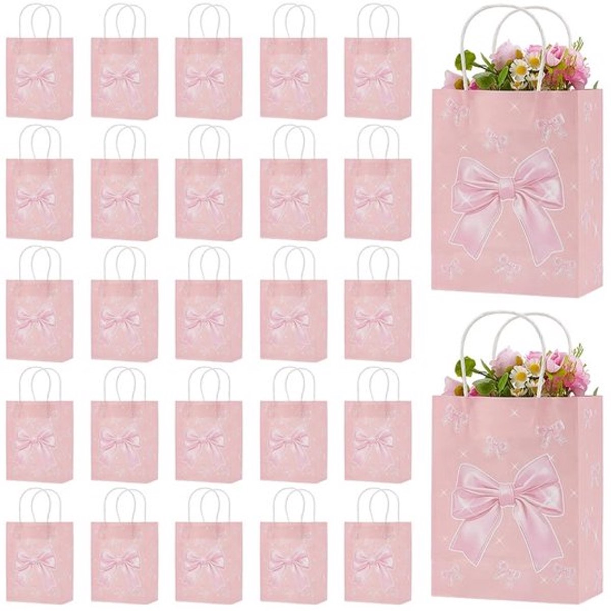 Geschenkzakken 30 Stuks - Roze Strik - Papieren Zak - Handvatten - Verjaardagsfeestje - Moederdag/Valentijnsdag - Geschenktassen