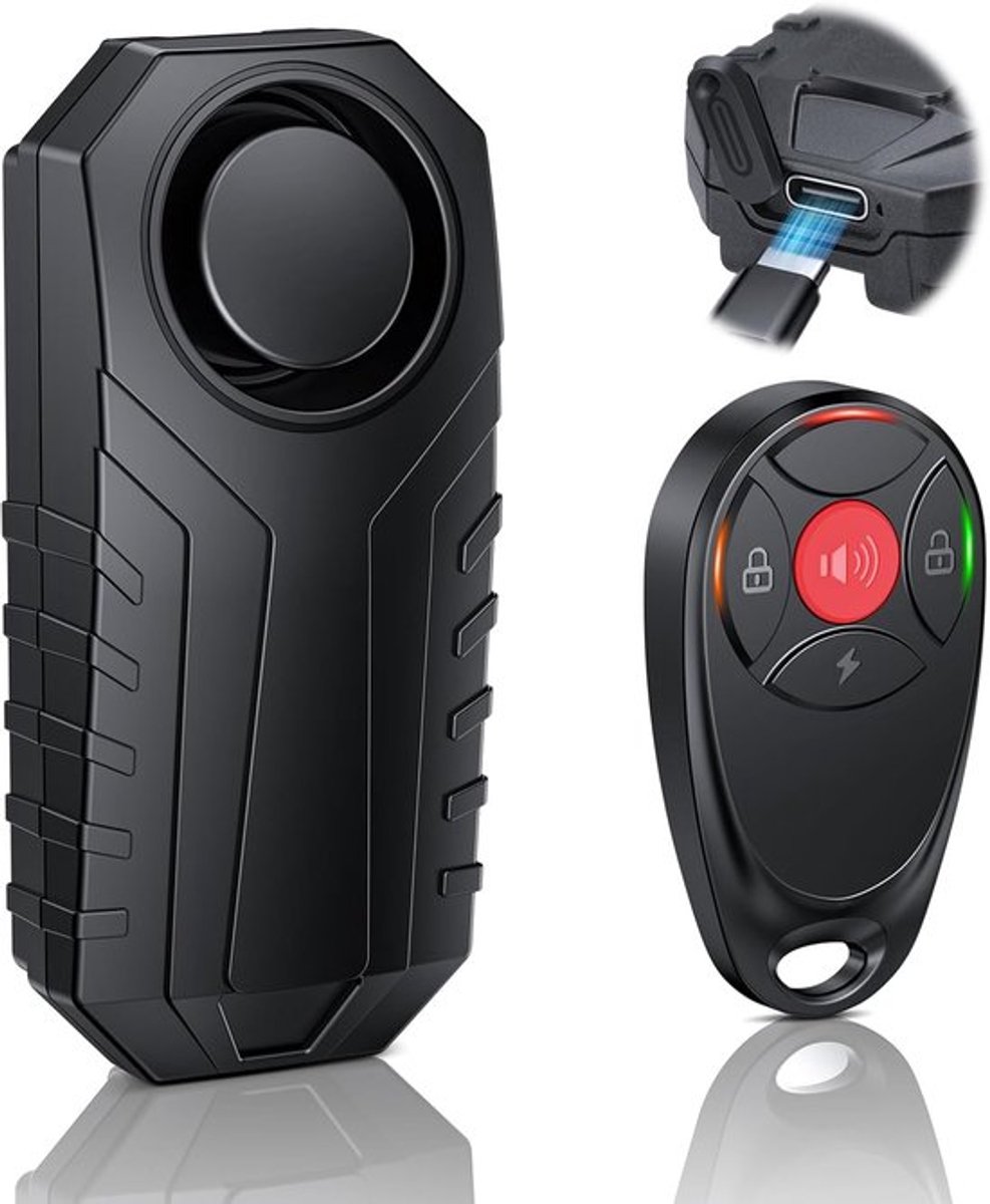 SnelShoppen - Oplaadbare Motor Anti-diefstal Alarm met Afstandsbediening - Fietsalarm met Bewegingsdetectie, IP65 Waterdicht, 113 dB Super Luid - Fiet