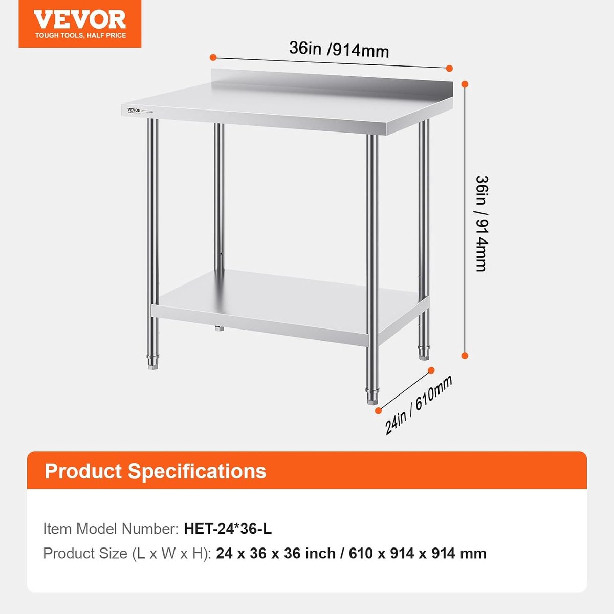 Werktafel RVS - Keukentafel Tafel - Voedselbereiding Koken - Verstelbare Hoogte - 60 x 90 x 90 cm - Zilver
