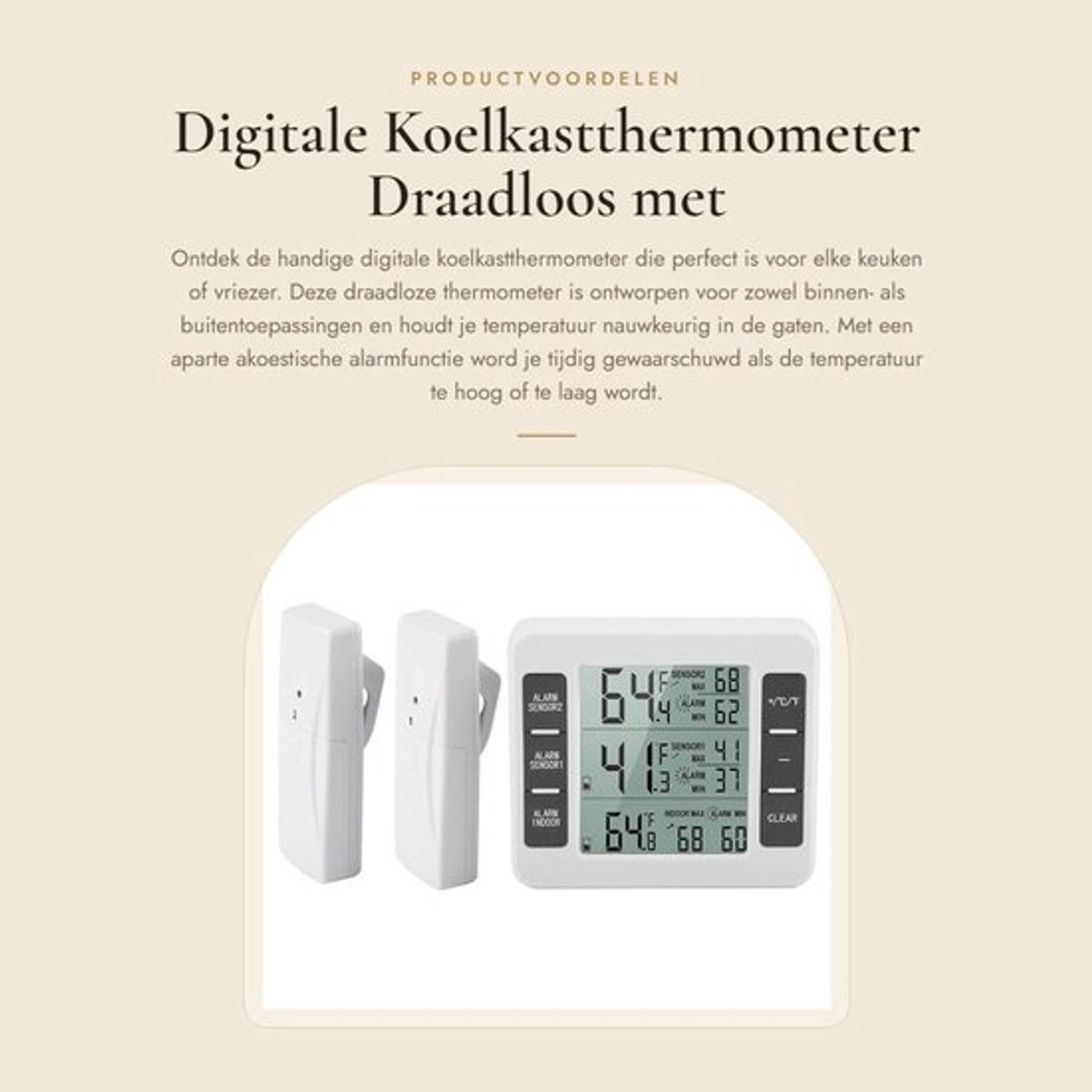 Digitale Koelkastthermometer - Draadloos met Alarm - Geschikt voor Binnen en Buiten - LCD Display - Temperatuurregeling - Met 2 Sensores