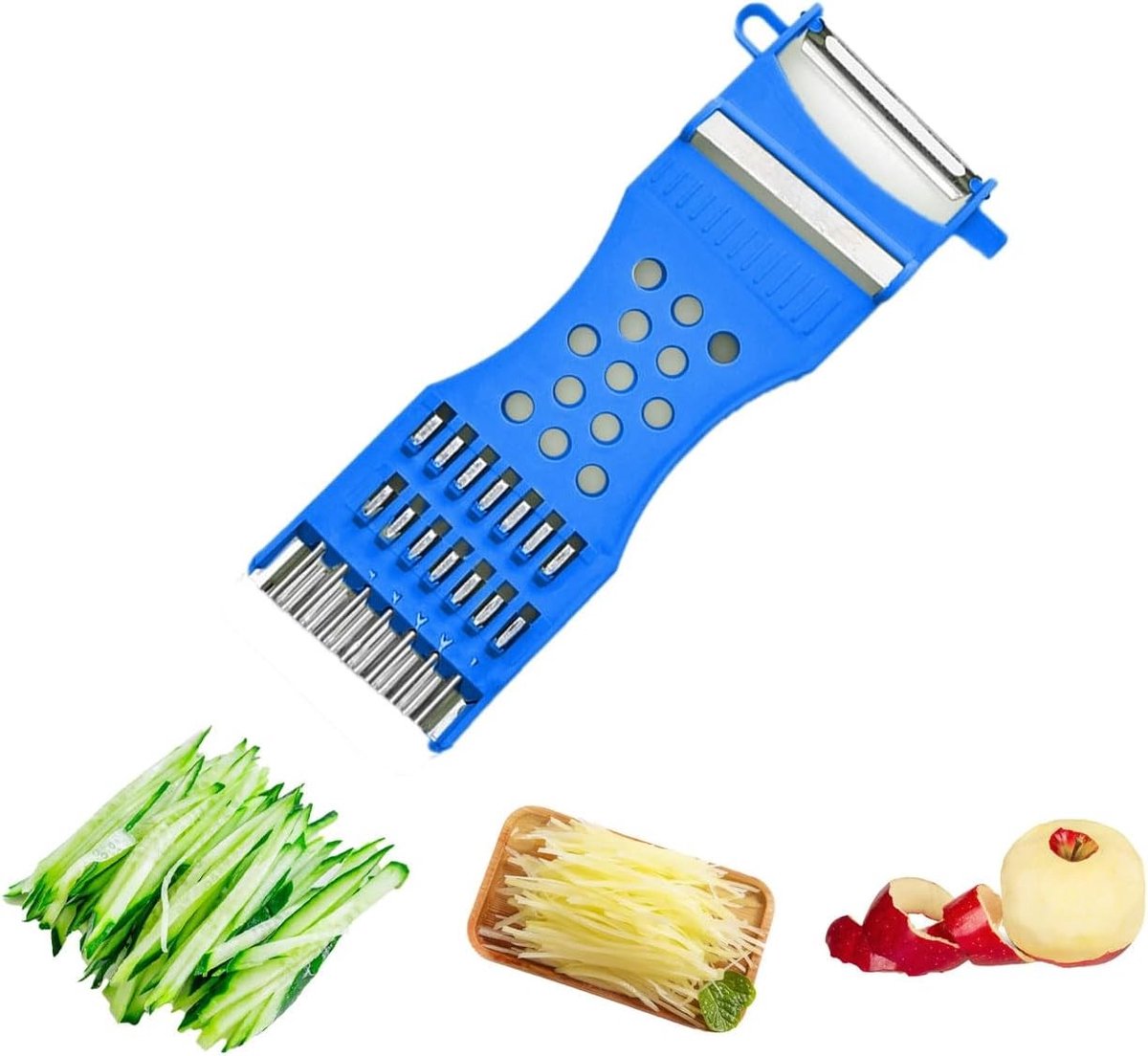 Multifunctionele Groentesnijder - Blauw - 17 x 5,5 cm - Roestvrijstalen Messen - Voor Groenten en Fruit