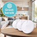 Drie witte, ronde wifi-routers op een houten tafel, met 'Groot bereik' en deels zichtbare wifi-golven.