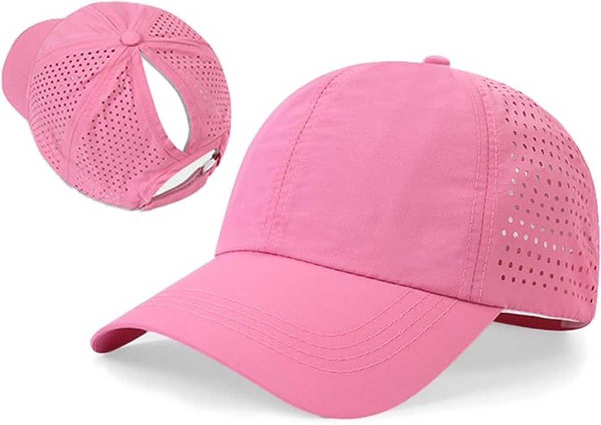Zonbeschermende pet - ademend en verstelbaar - baseballpet voor dames met paardenstaart - waterdicht en sneldrogend - pet met hoge paardenstaart - zonnehoed voor buitensporten - zonbescherming - baseballpet - petomtrek 57 tot 58 cm - roze rood