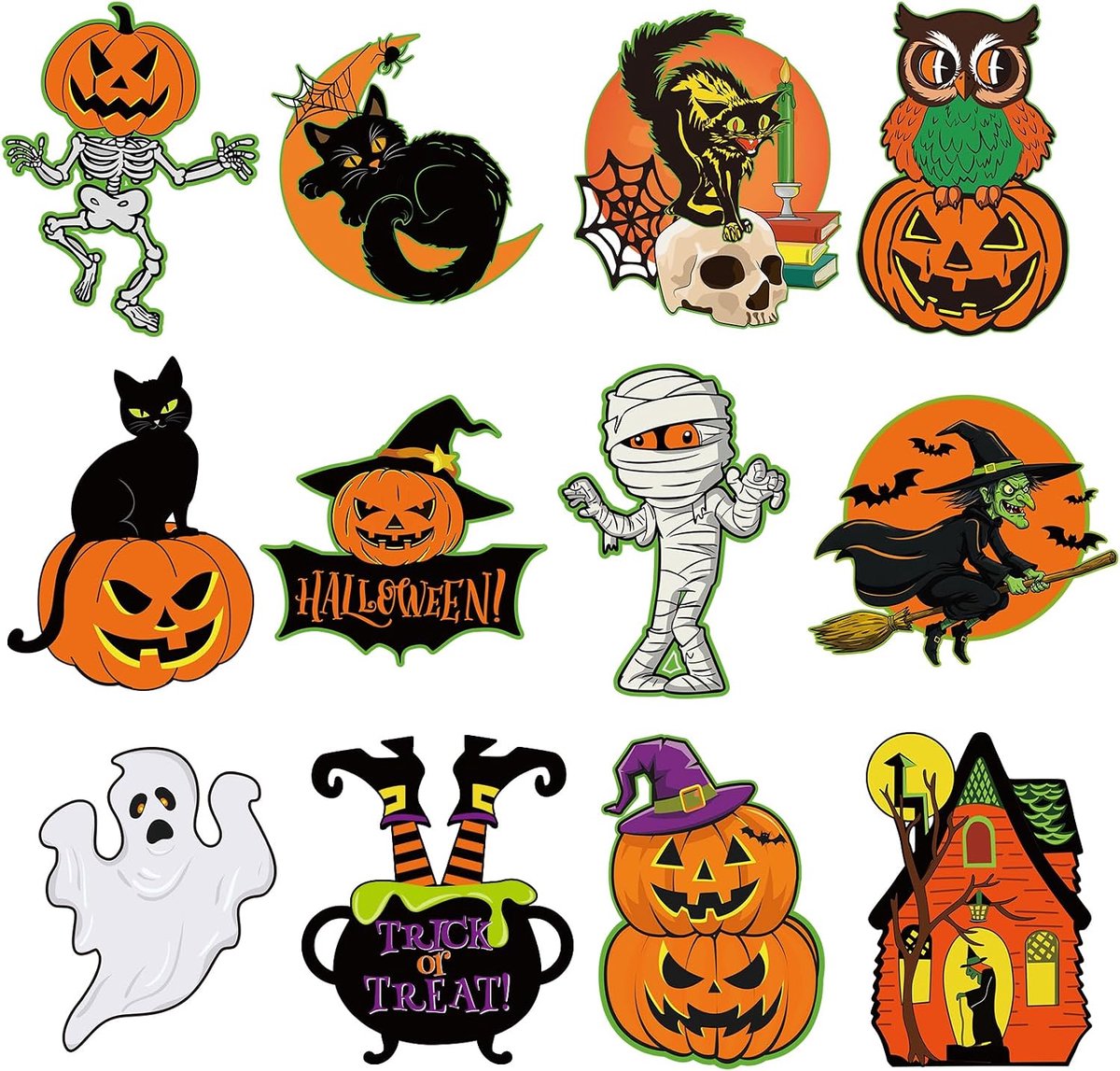 Claoner Halloween hole decoratie - 12 stuks - Retro karton - Spook ontwerp - Binnen en buiten - Oranje groen zwart - Groot