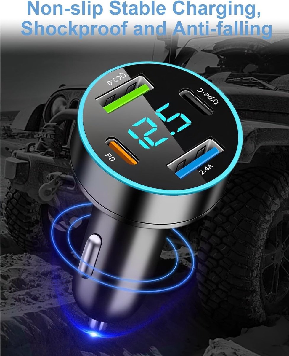 USB Sigarettenaansteker Oplader met 4 Poorten - Zwart - Compacte 12V/24V Auto-oplader met LED-spanningsweergave