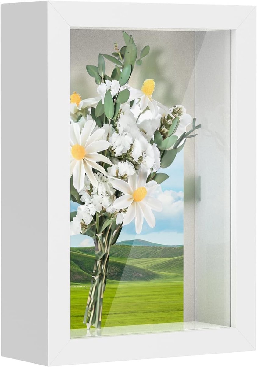Diep Displayframe - Wit - 10 x 15 cm - MDF met Echt Glas - Voor Bloemen en Souvenirs