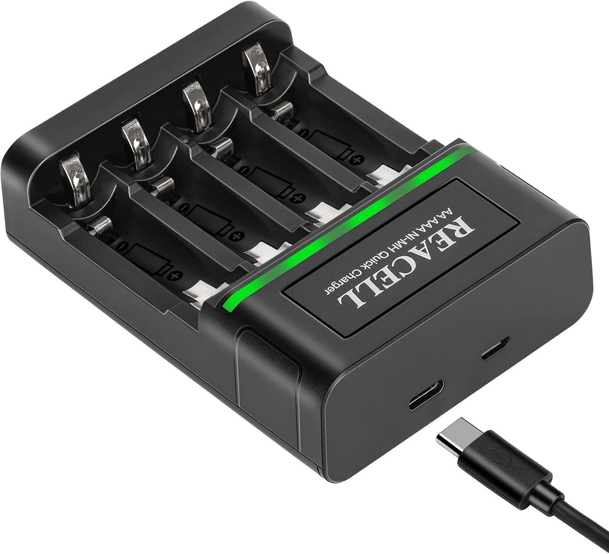 Batterijlader - Zwart - Compact - Met LED-indicator en Type-C/micro-USB-poorten - Voor AA/AAA oplaadbare batterijen