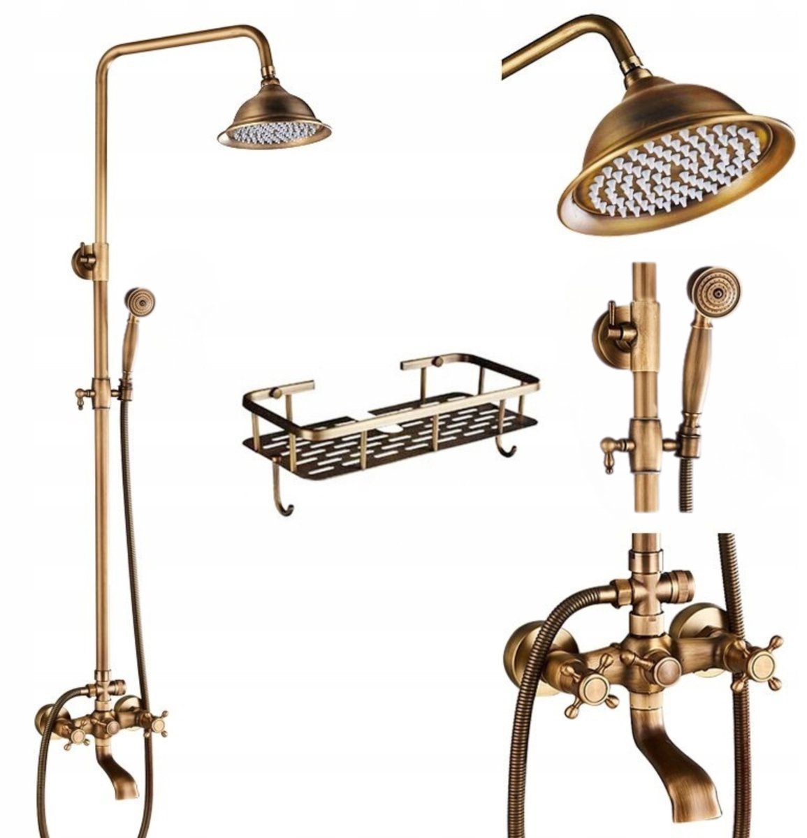 Retro Doucheset Messing met Plank, Regendouche, Kraan & Handdouche