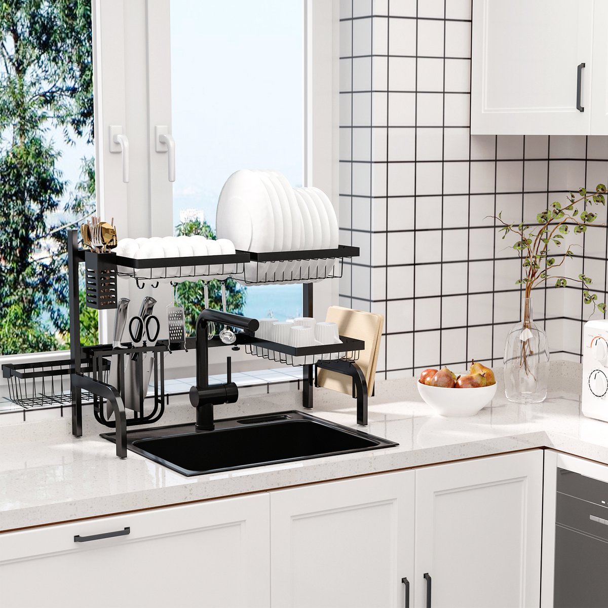 COVREO Abtropfgestell 93x30x52 cm zwart staal, verstelbaar voor keuken