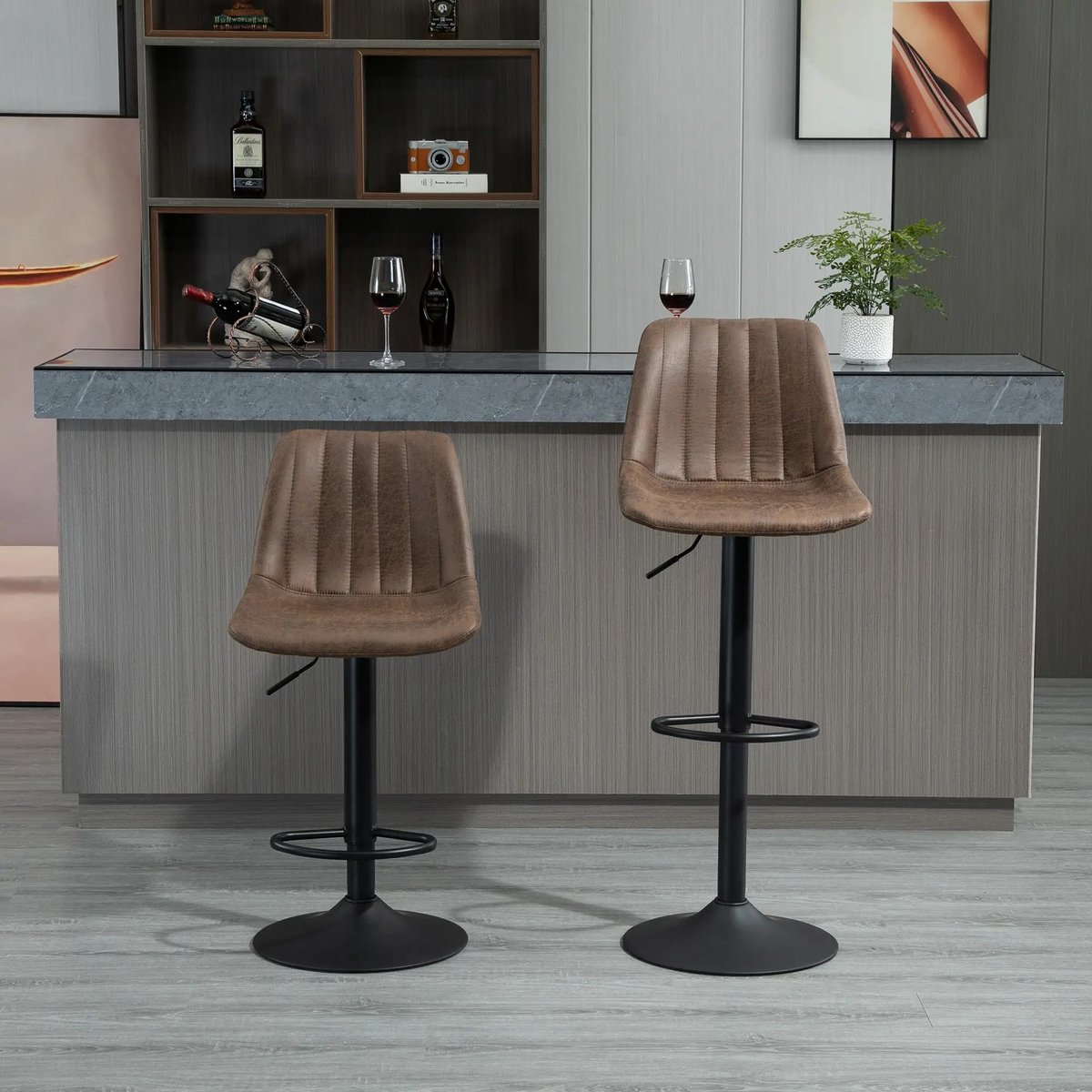 COVREO Barkruk 43 x 46,5 x 89-110 cm bruin stof, draaibaar met voetsteun