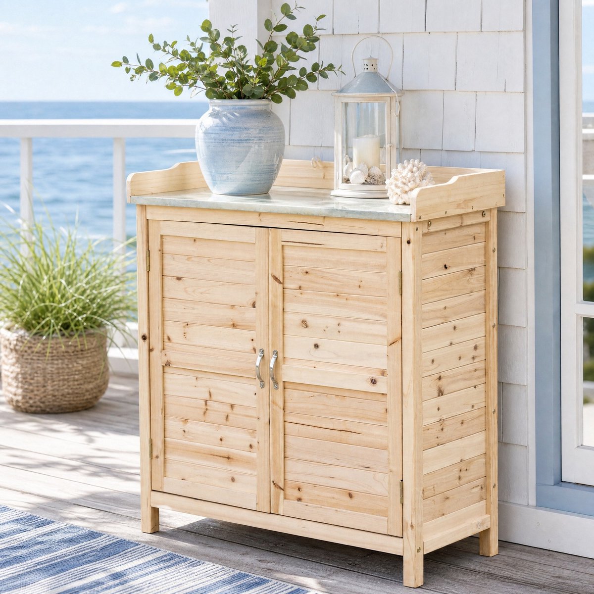 COVREO Opbergkast 83 x 40 x 92 cm naturel hout, met werkblad en 2 vakken