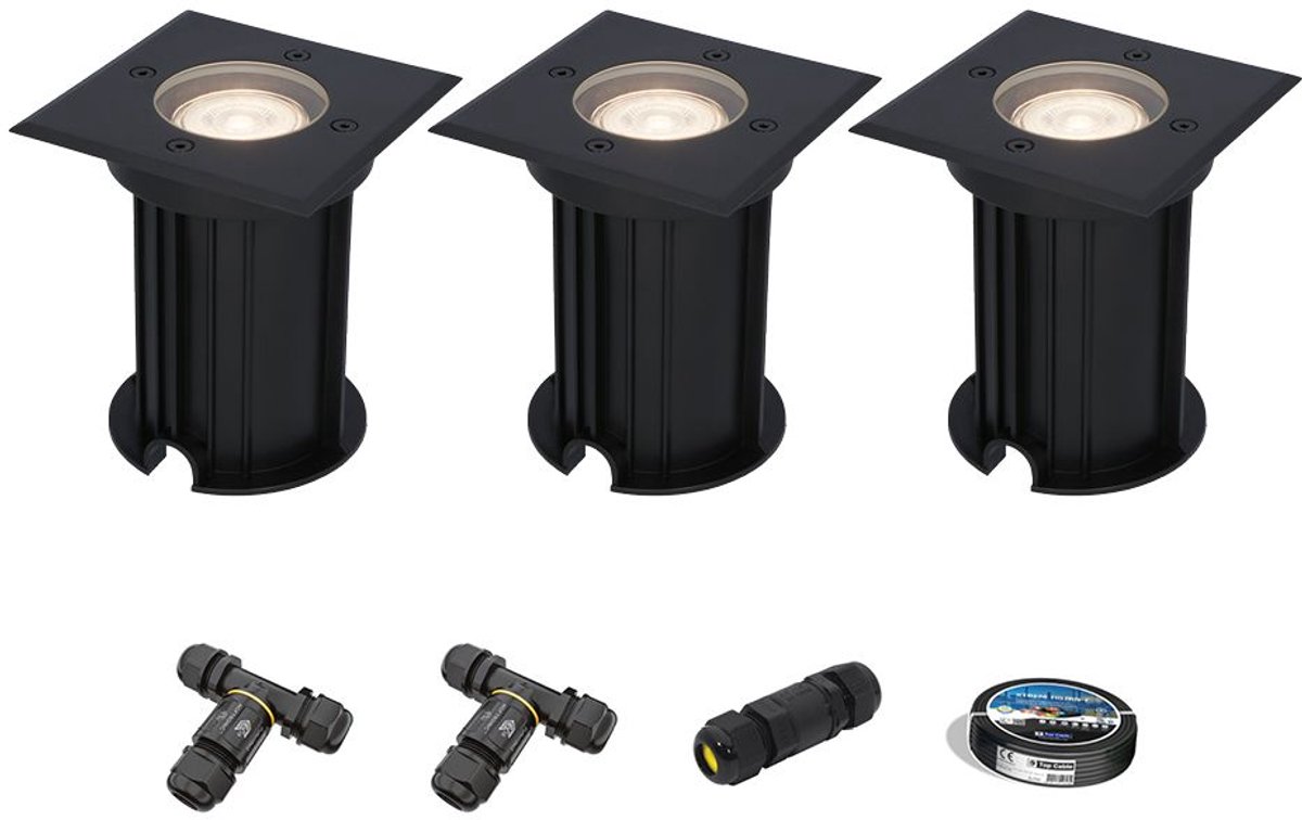 Set van 3 Ramsay LED Grondspots - Vierkant - Dimbaar - GU10 - 4000K neutraal wit - 4W 345lm - Tuinspot - Zwart - IP67 waterdicht - Overrijdbaar voor de Oprit, Tuin en Terras - Inclusief installatiemateriaal (Kabel & connector)