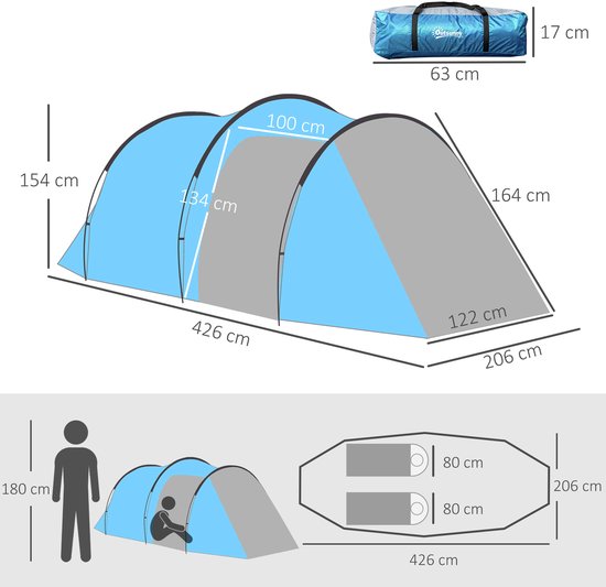 COVREO Tunneltent 426x206x154 cm lichtblauw polyester, voor 2-3 personen — afbeelding 2